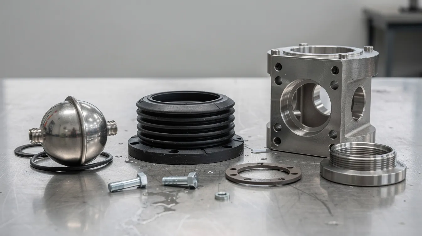 The image shows various industrial pump components, including a flexible rubber diaphragm, a ball check valve, and a metal valve seat, all neatly arranged on a workbench. These major components are essential for the operation of diaphragm pumps, facilitating efficient fluid transfer and maintaining proper fluid pressure in applications requiring high reliability.
