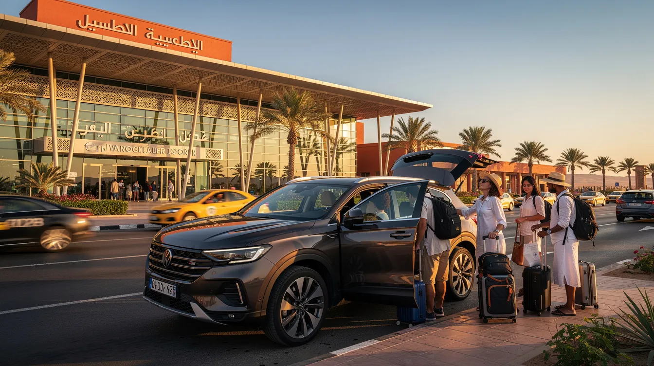 Travelers are entering a modern car outside a Moroccan airport terminal, preparing for their multi-destination trips to vibrant Moroccan cities like Casablanca and Marrakech. This scene highlights the digital transformation in Morocco's transportation services, including ride hailing options like the Uber app, which offers licensed vehicles for convenient travel.