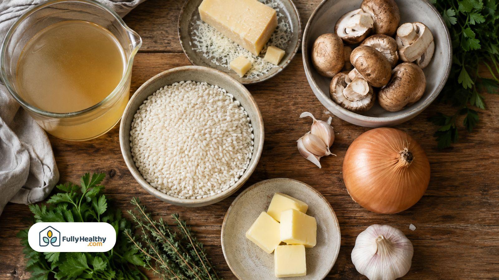 Risotto ingredients with Arborio rice, broth, Parmesan, mushrooms, and herbs.