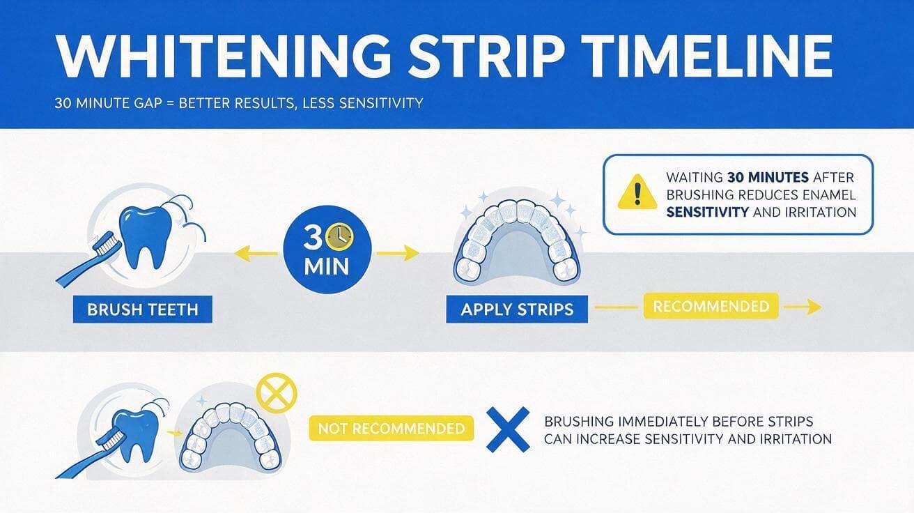 Whitening strip timeline infographic: brush teeth, wait 30 minutes, then apply strips - brushing immediately before strips can increase sensitivity and irritation