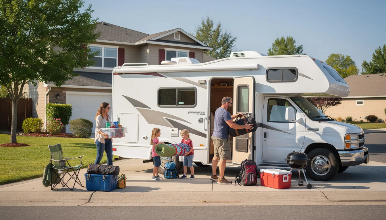 A family is seen loading gear into a mid-size Class C motorhome parked in a suburban driveway, with ample space for their belongings and car seats visible. This Class C motorhome offers a practical option for weekend getaways, providing comfortable sleeping arrangements and storage for their travel needs.