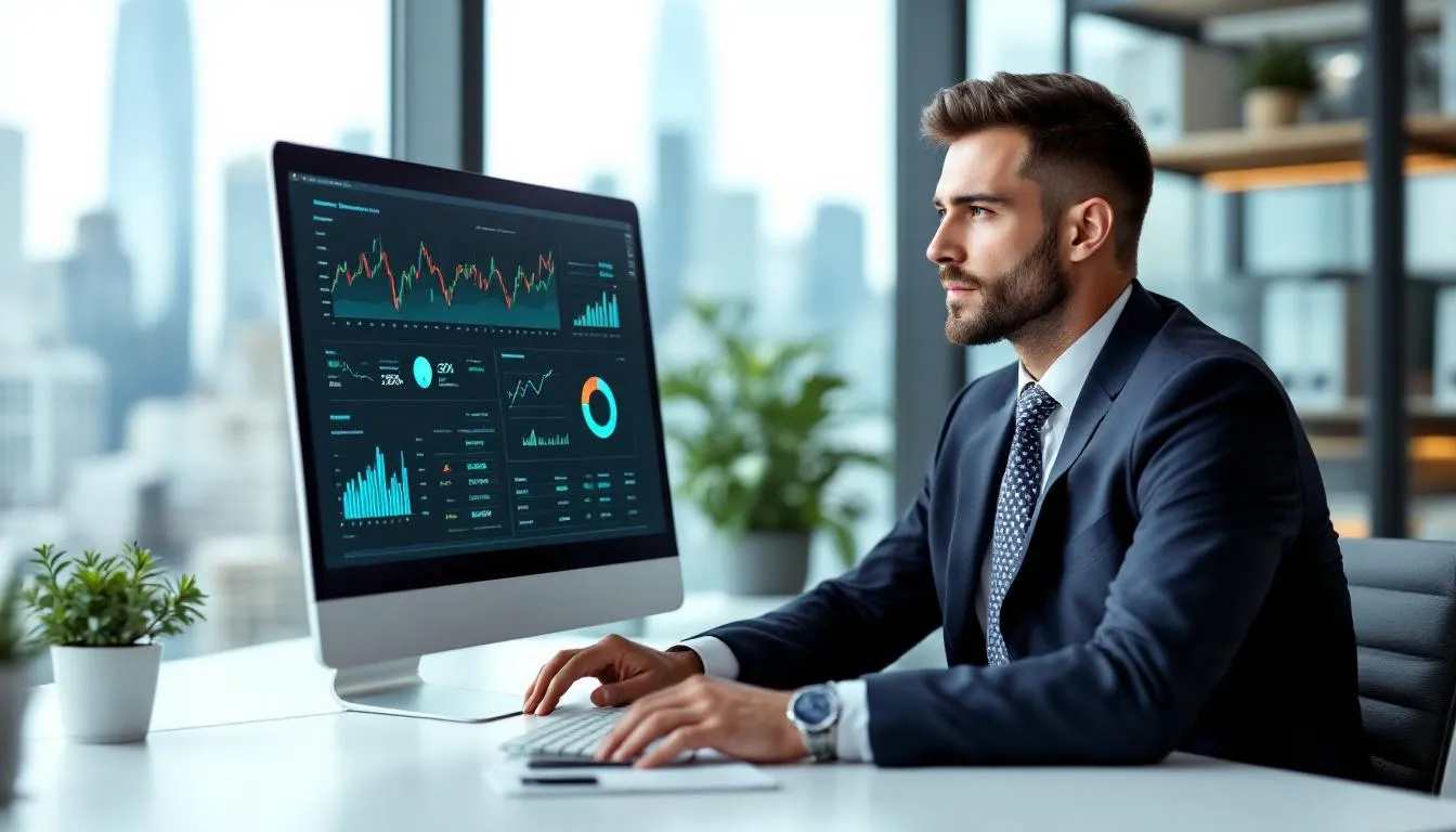 A business professional is intently analyzing financial charts and graphs on a computer screen, focusing on key metrics such as gross operating profit (GOP), total revenue, and hotel profit margins to make informed decisions about the hotel's financial health and operational efficiency. The screen displays various data points related to operating expenses, net profit, and revenue management in the hospitality industry.