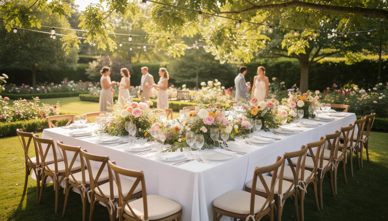 En vackert dekorerad utomhusfest med vita dukar och sommarblommor, perfekt för att fira studentens lyckliga dag. Festen är fylld med glädje och skratt, där studenter och deras familjer samlas för att fira studenten.