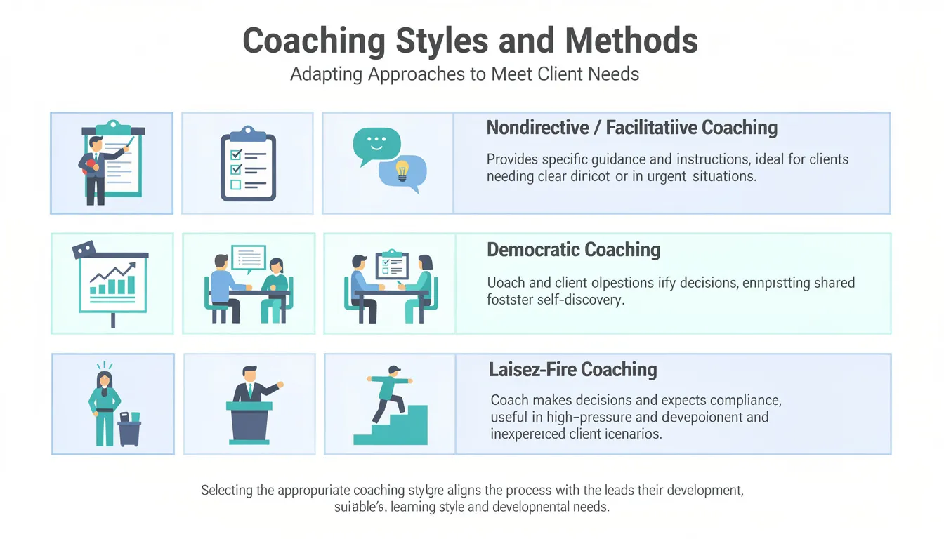The image illustrates various coaching styles, including directive, nondirective, democratic, autocratic, and laissez-faire approaches, each tailored to meet the unique needs of clients in their transformational coaching journey. It highlights the importance of adapting coaching methods to foster personal growth and meaningful transformation through effective coaching relationships.