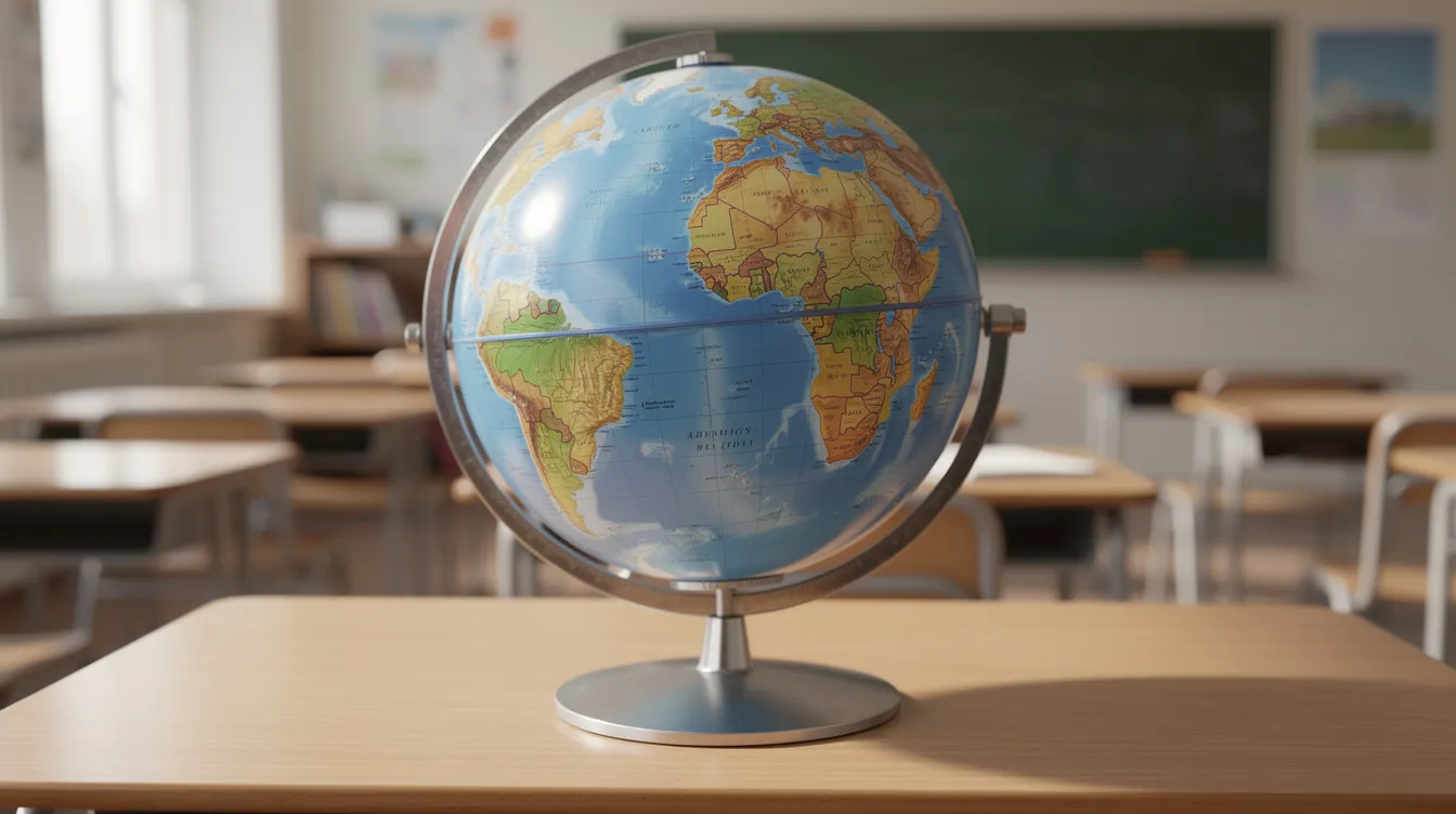 Na biurku w klasie szkolnej znajduje się globus z wyraźnie zaznaczoną siatką południków i równoleżników, który ilustruje współrzędne geograficzne. Jest to materiał pomocniczy, który może być użyty podczas sprawdzianu z geografii w klasie 6, szczególnie w dziale 1 dotyczącym współrzędnych geograficznych.
