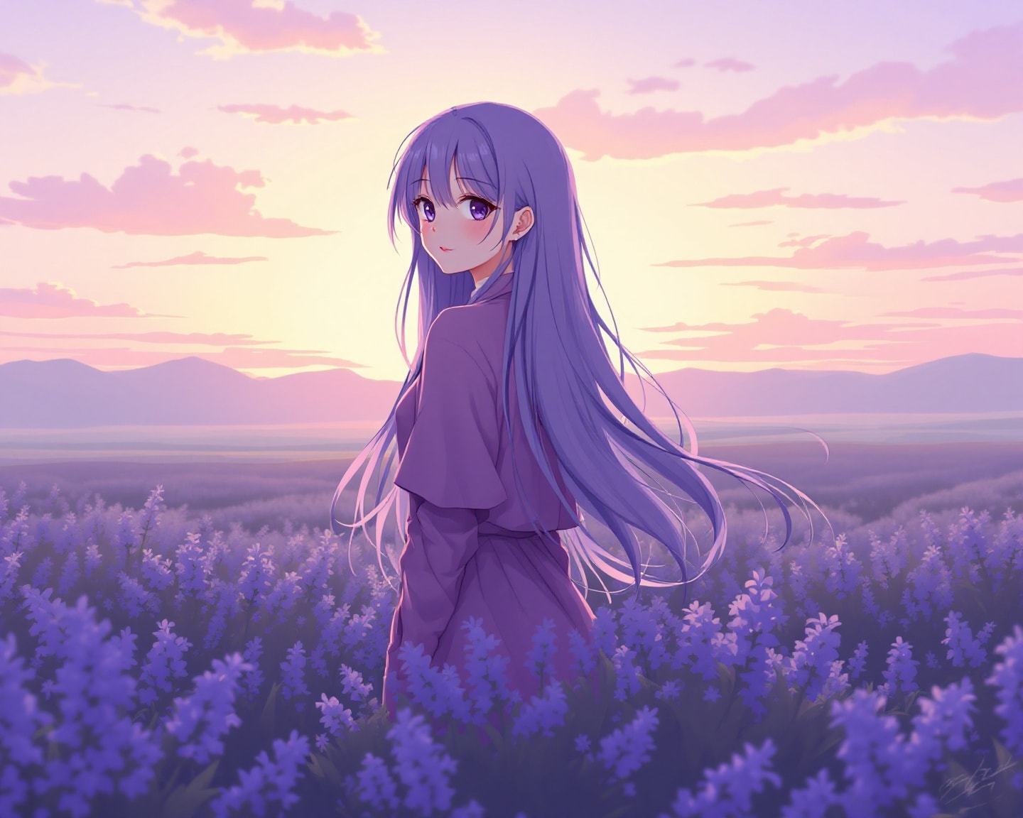 An anime girl with long lavender hair