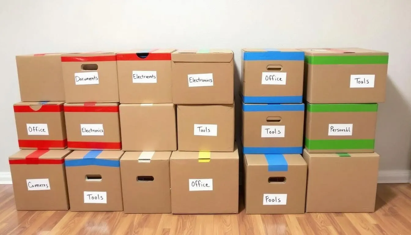 In the image, there are neatly organized cardboard boxes with clear labels and colorful packing tape, showcasing an efficient packing process for moving house. The boxes are arranged by size, indicating careful planning for fragile items and essentials, making the moving process smoother.