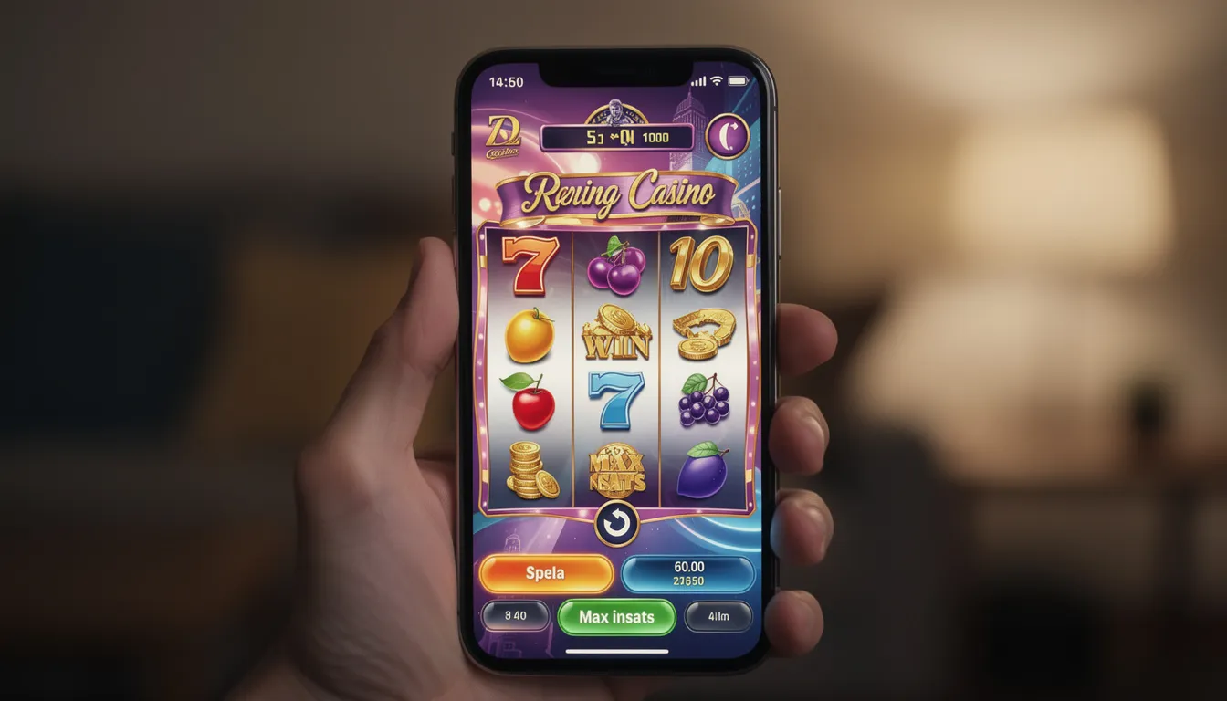 Närbild på en smartphone som visar ett casinospel på skärmen, där spelaren kan njuta av olika slots och bordsspel hos Casilando. Skärmen visar tydligt en välkomstbonus för nya spelare och möjligheten att spela dygnet runt.