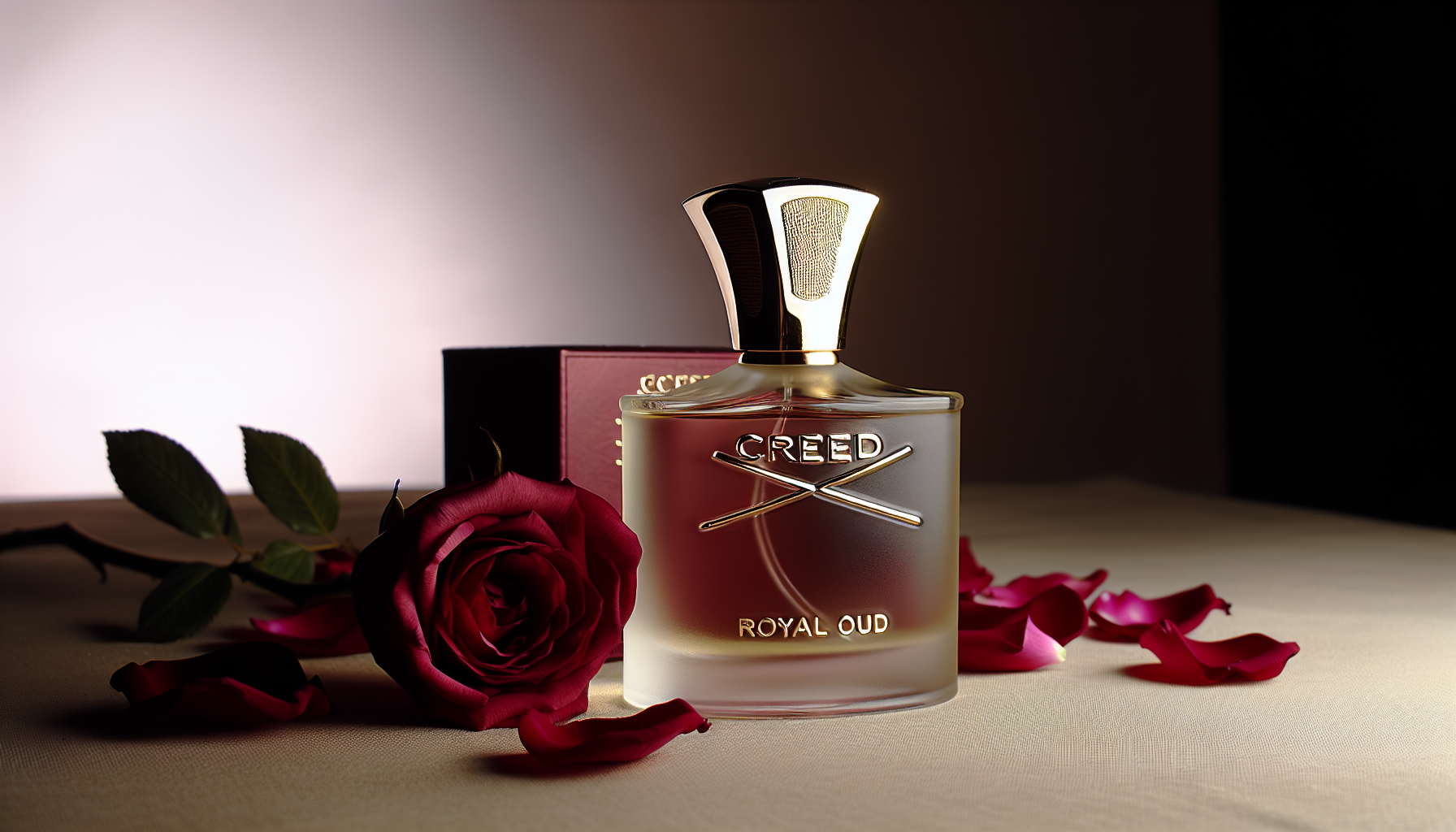 A luxurious bottle of Creed Royal Oud Eau de Parfum resting on a bed of rose petals
