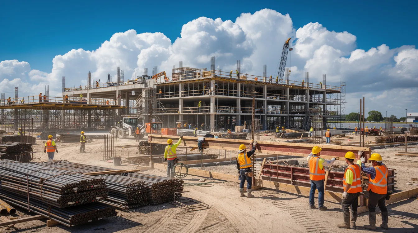 Construction workers in hard hats and safety vests on a commercial building site under bright skies with developing clouds in the background.
