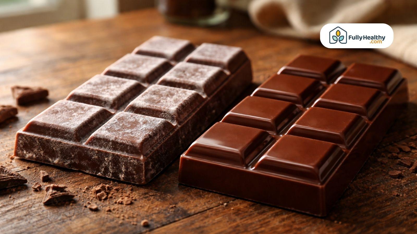 Expired chocolate with bloom next to fresh glossy chocolate on table