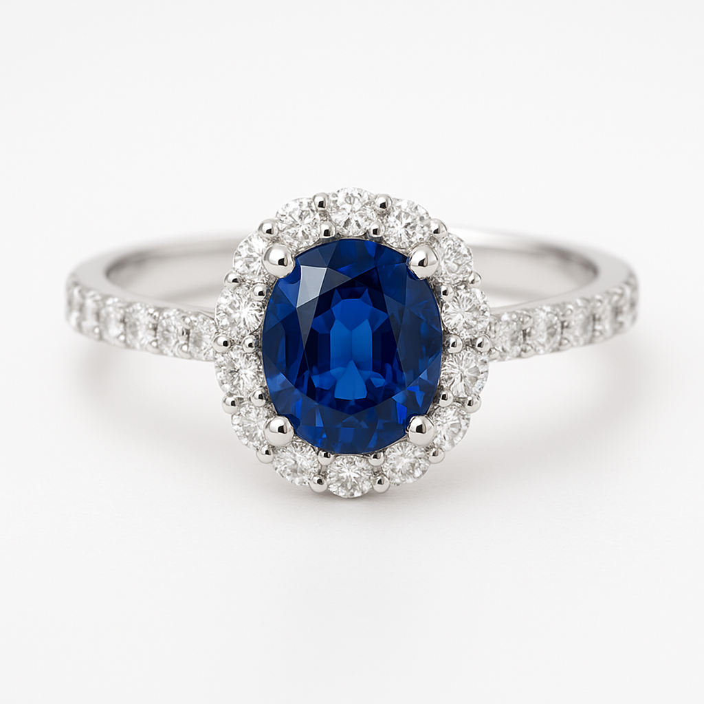 Halo dizaino žiedas su safyru ovalo formos ir deimantais