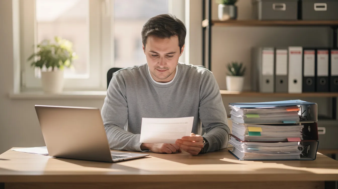 376d98d0 2d87 419f 93ca 4072a6d79dd8 A small business owner sits at a desk, reviewing various documents alongside a laptop, which is likely related to their business loan application under the Pradhan Mantri Mudra Yojana. The scene emphasizes the importance of financial assistance for micro enterprises, as the owner assesses their business plan and eligibility criteria for obtaining a collateral-free loan.