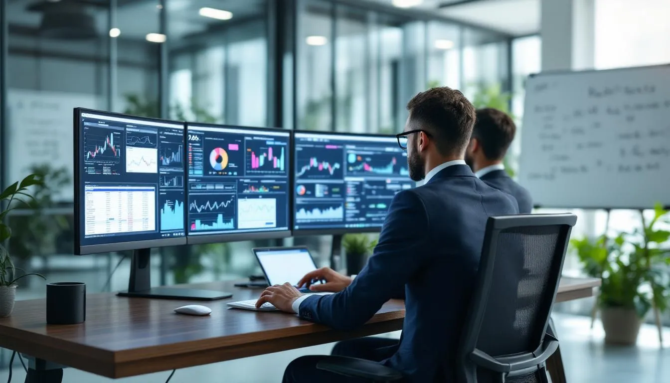 A professional is seated at a modern office desk, focused on building financial models related to a leveraged buyout, with multiple monitors displaying complex data such as cash flow statements and balance sheets. The environment reflects a private equity firm atmosphere, emphasizing the analysis of capital structure and equity investments.