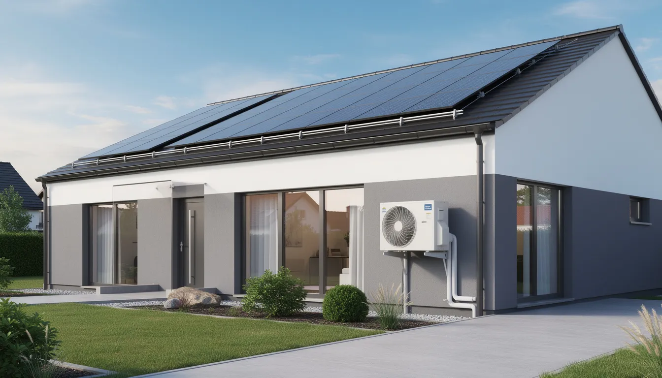 Na zdjęciu znajduje się nowoczesny dom jednorodzinny z panelami fotowoltaicznymi na dachu oraz jednostką zewnętrzną pompy ciepła, co wskazuje na zastosowanie ekologicznych rozwiązań w celu obniżenia kosztów ogrzewania i wykorzystania odnawialnych źródeł energii. Budynek otoczony jest zielenią, co podkreśla jego harmonijną integrację z naturalnym środowiskiem.
