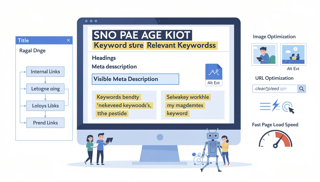 The image illustrates the concept of on-page SEO, highlighting key elements such as the strategic use of relevant keywords in titles and headings, high-quality content that addresses user intent, and the optimization of images and URLs to enhance search visibility. It emphasizes the importance of a clear site structure with internal links to improve user experience and search engine rankings.