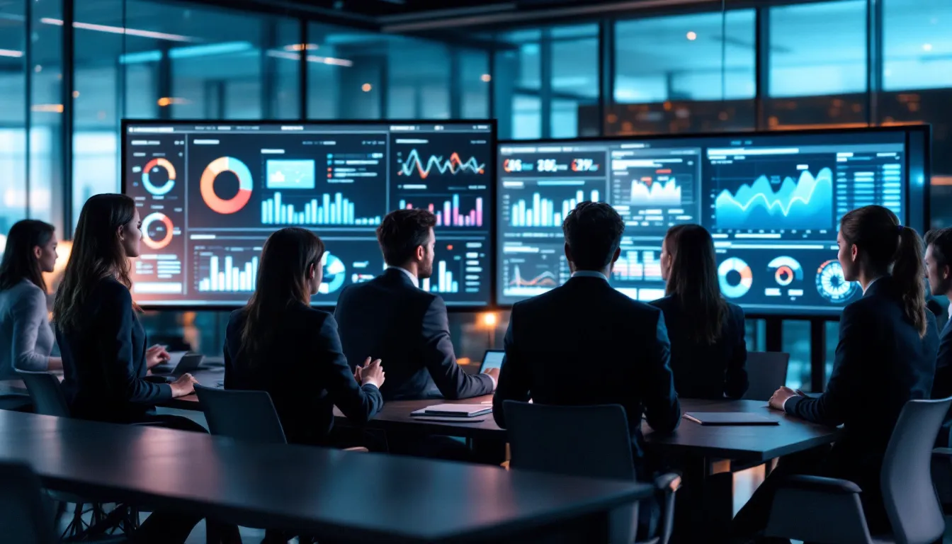 In the image, business professionals are engaged in a collaborative review of data analytics dashboards, displaying a variety of metrics and data visualization charts that highlight data transformation and integration processes. Their focus on the metrics reflects the importance of tools like Azure Data Factory and Fivetran in automating data movement and managing complex data workflows.