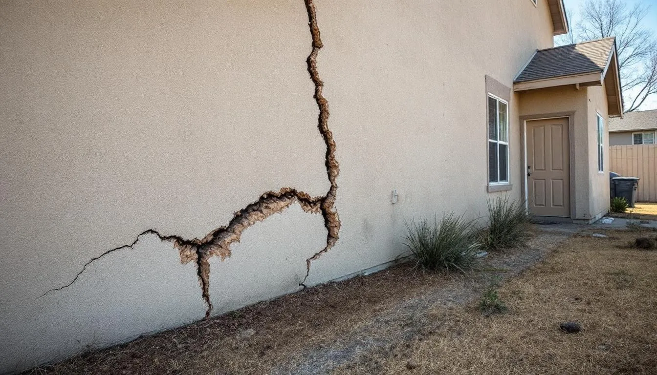 Une grande fissure est visible sur le côté d'une maison, suggérant des problèmes potentiels au niveau des fondations. Cette fissure de béton pourrait nécessiter une réparation pour éviter des infiltrations d'eau et des dommages supplémentaires.
