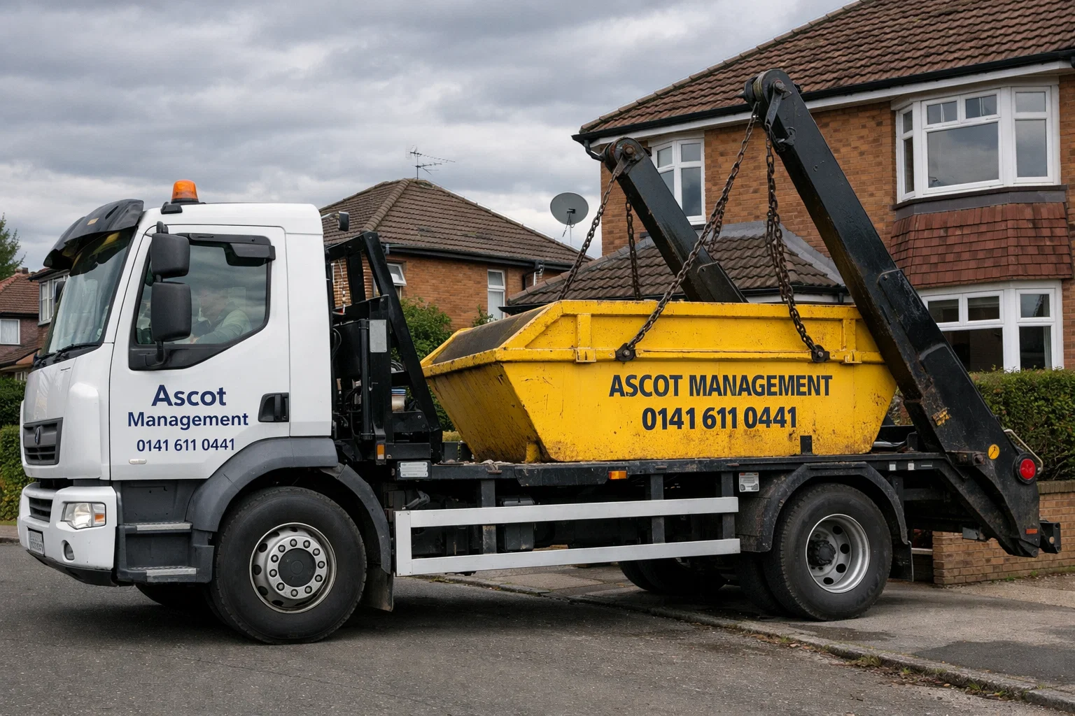 Ascot Management white lorry delivering a branded skip to a Glasgow home.