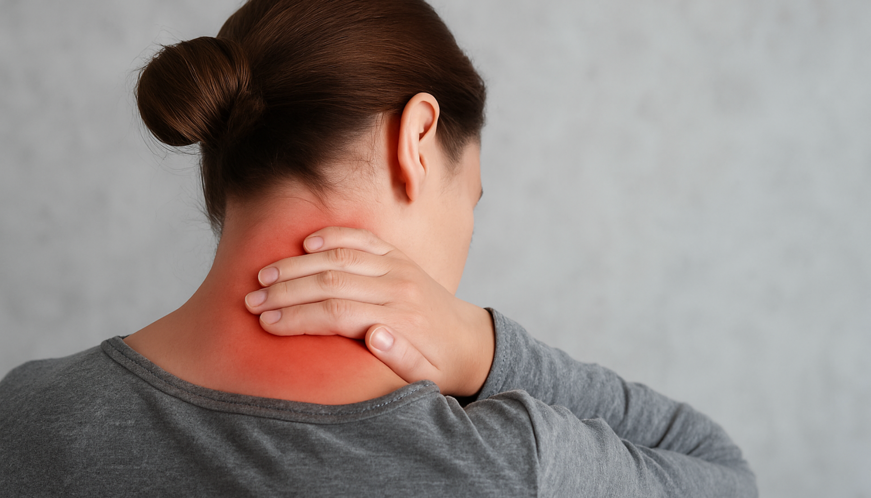 Kvinne holder seg i nakken med synlig rødhet og smerte i området, et typisk tegn på nakkesmerter som stråler mot bakhodet