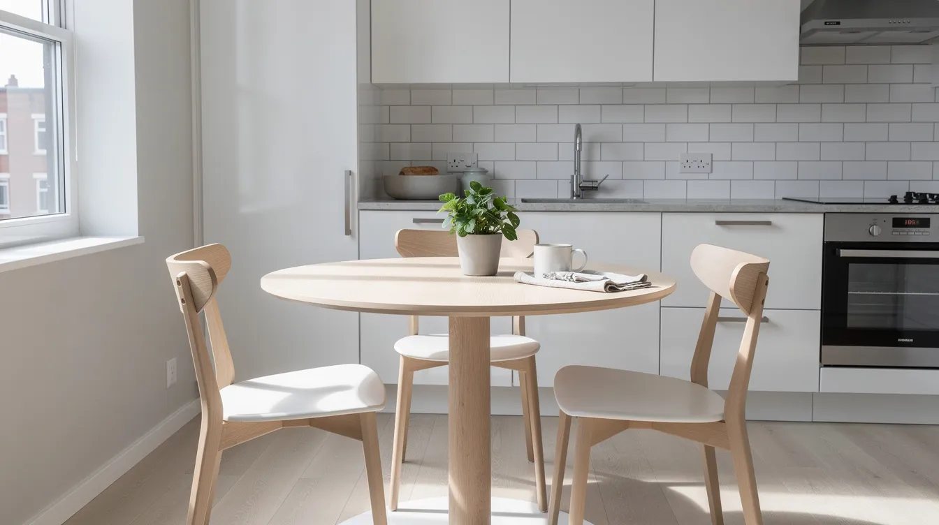 Ett litet runt köksbord i ljust trä står i ett kompakt modernt kök, vilket skapar en stilren och funktionell matplats. Bordet passar perfekt för två personer och ger en trevlig yta för måltider i hemmet.