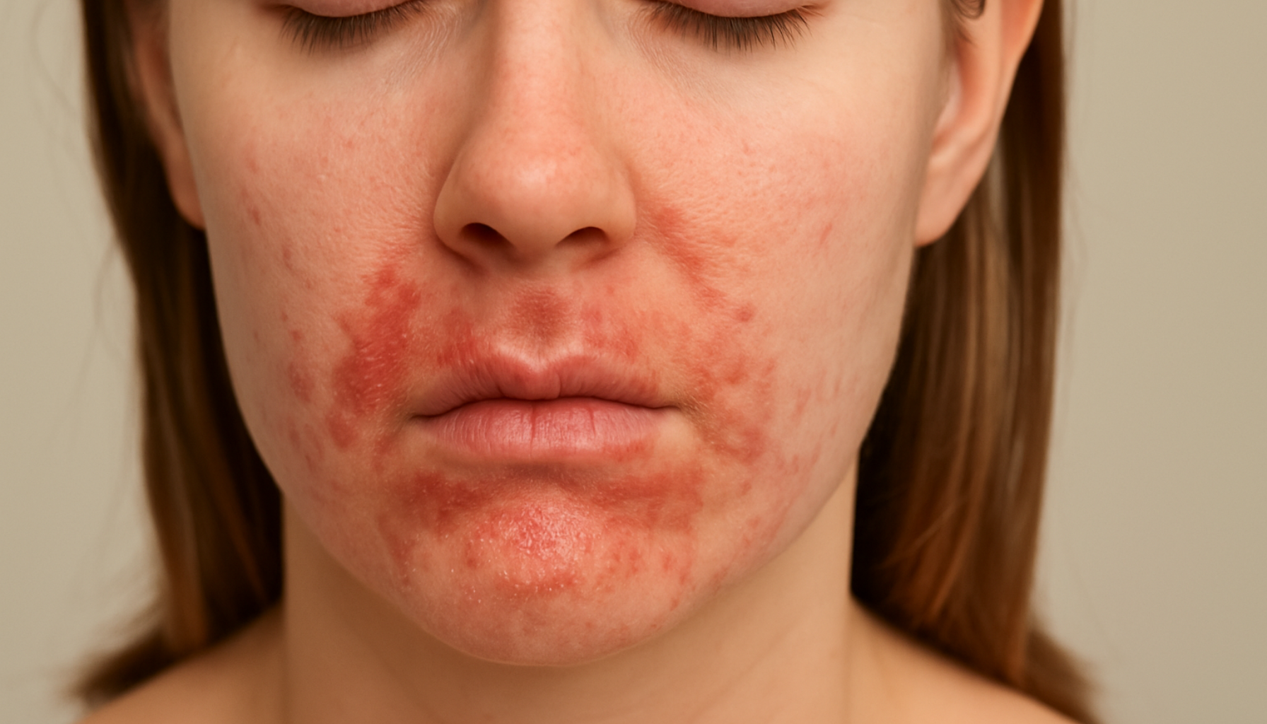 Periorifisiell Dermatitt: Det Uforklarlige Utslettet Rundt Munnen 15 Nærbilde av kvinne med rødlig utslett rundt munnen og haken, typisk for perioral dermatitt, på nøytral bakgrunn.