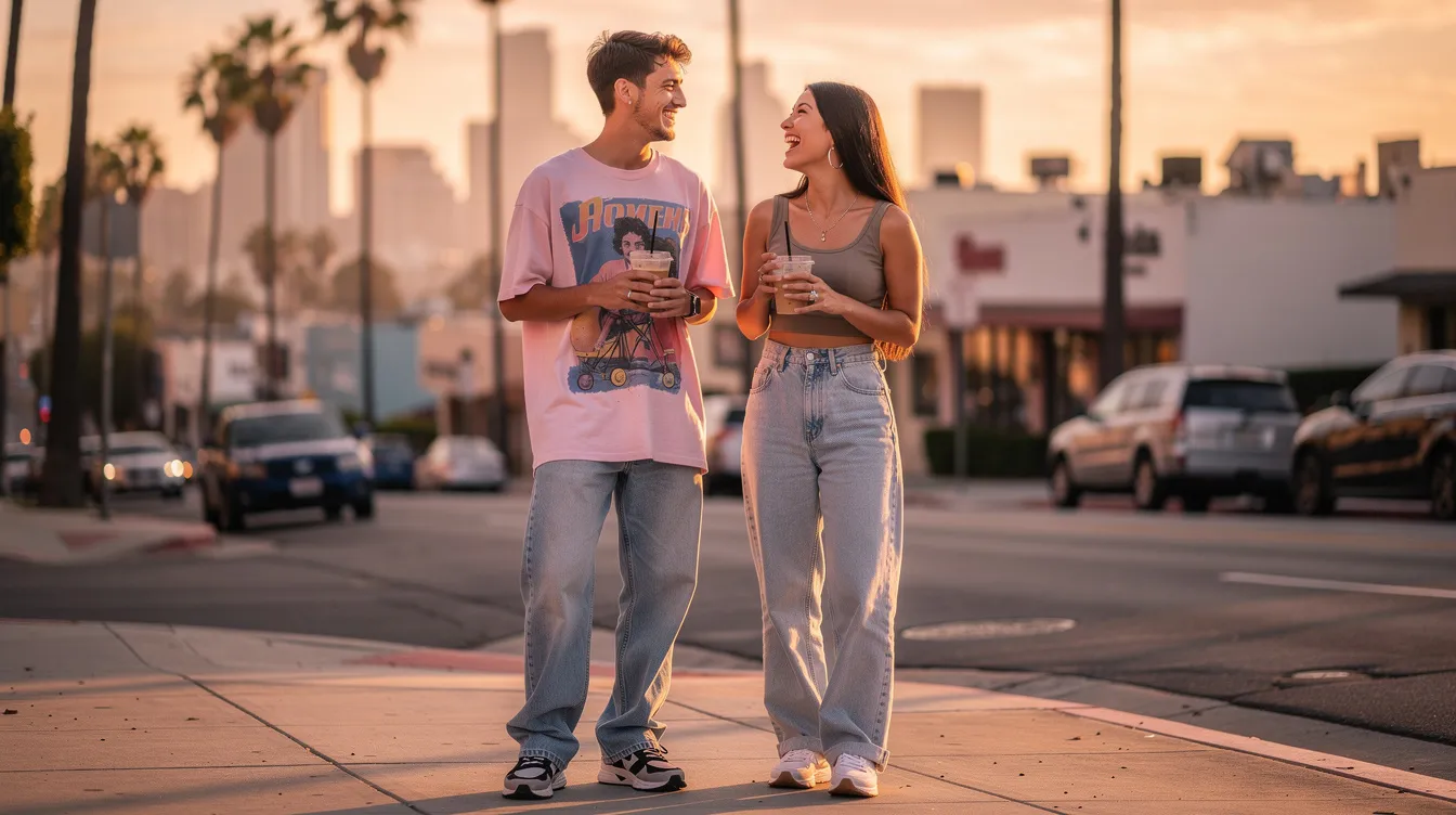 A Gen Z couple sits at a cozy coffee shop in Los Angeles, enjoying their date and engaging in honest conversations about their dating lives. They share laughter and smiles, reflecting the excitement of modern dating and the potential for meaningful connections in the dating world.