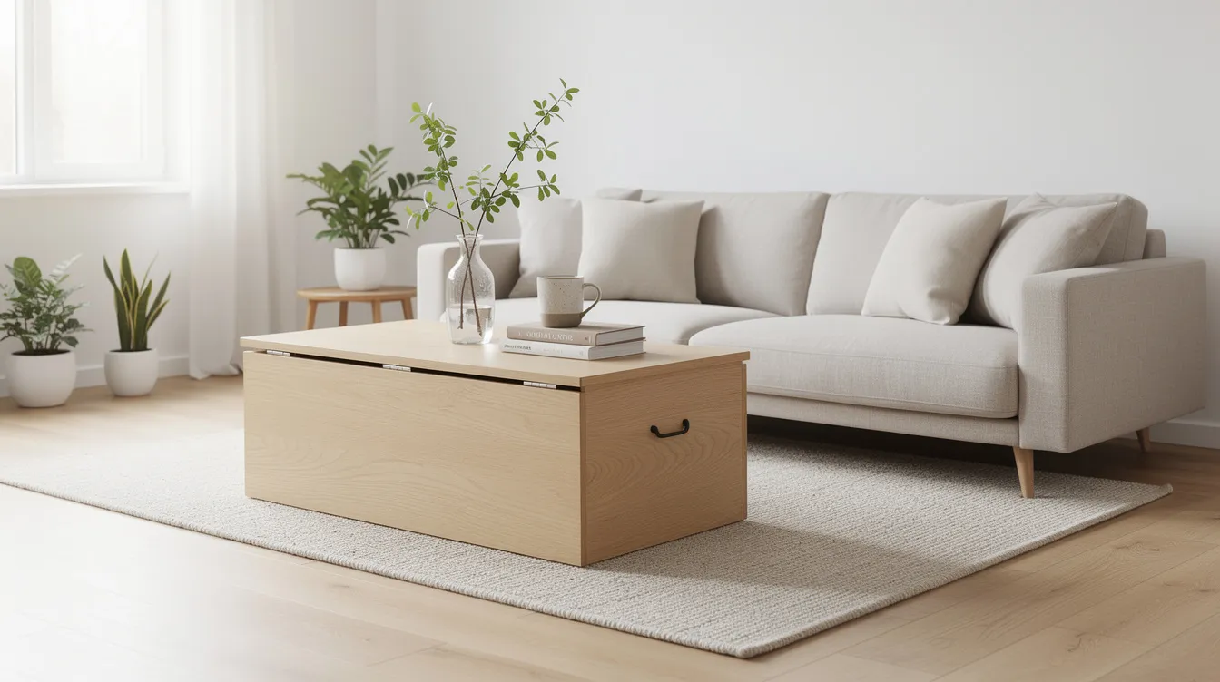 I ett skandinaviskt vardagsrum finns en ljus träförvaringskista som används som soffbord, placerad bredvid en beige soffa. Rummet har en minimalistisk design och erbjuder en perfekt plats för både förvaring och avkoppling.