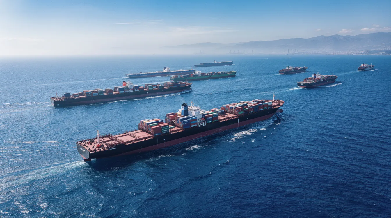 The image depicts large cargo vessels and oil tankers navigating through the deep blue waters of the Persian Gulf, with a distant coastline visible, highlighting the strategic importance of the Strait of Hormuz as a crucial shipping route for global oil markets. The scene captures the bustling tanker traffic essential for energy exports from countries bordering this vital waterway.