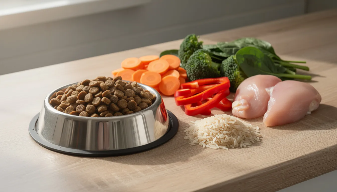 Na obrazku widoczna jest miska z wysokiej jakości karmą dla psa, obok której leżą świeże warzywa oraz źródła białka. Taki zestaw może wspierać zdrowie psa i jest istotny w kontekście monitorowania stanu zdrowia psa, szczególnie w przypadku problemów takich jak zapalenie jelit.