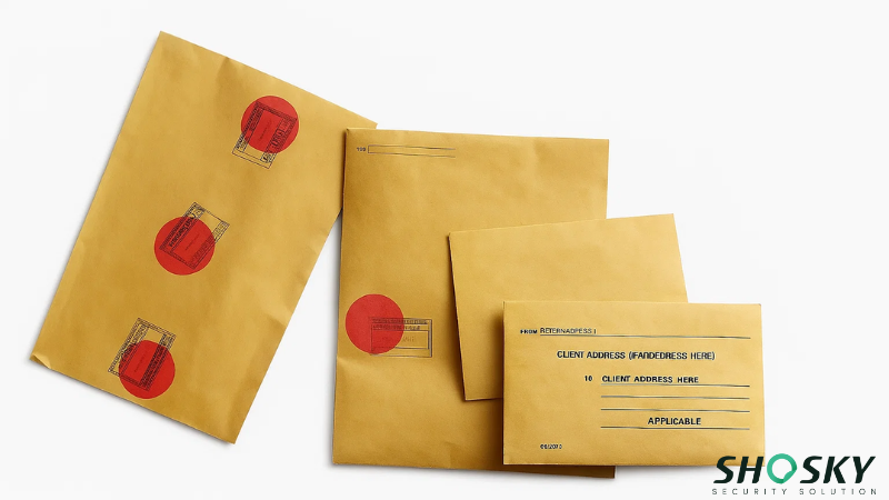 Four brown exam envelopes with red seals arranged on white background