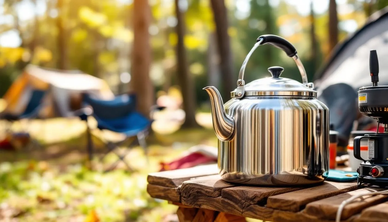 A stainless steel camp kettle is shown, designed for outdoor adventures, featuring a spout and a lid for easy pouring. This durable kettle is ideal for boiling water over an open fire, making it a must-have for camping trips and perfect for preparing camp coffee or tea.