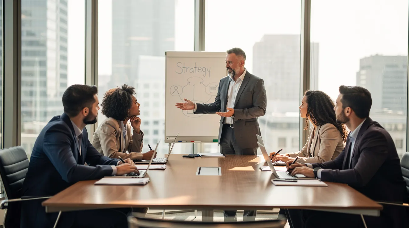 Une séance de coaching d'entreprise se déroule autour d'une table de conférence, où un petit groupe discute activement de techniques de vente et de prospection, échangeant des conseils pour améliorer leur stratégie de vente par téléphone. L'atmosphère est collaborative, avec des participants engagés dans l'apprentissage et le partage d'informations sur la vente et le service client.
