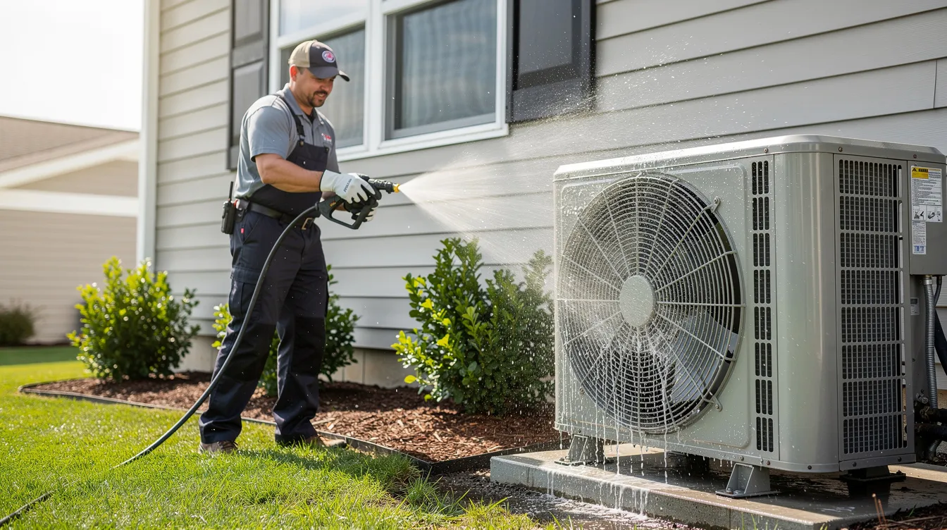 A licensed HVAC technician is cleaning an outdoor condenser unit next to a suburban home, ensuring the efficient operation of the entire HVAC system. The technician is focused on removing dirt from the condenser coils to improve airflow and enhance the air conditioning unit's performance.
