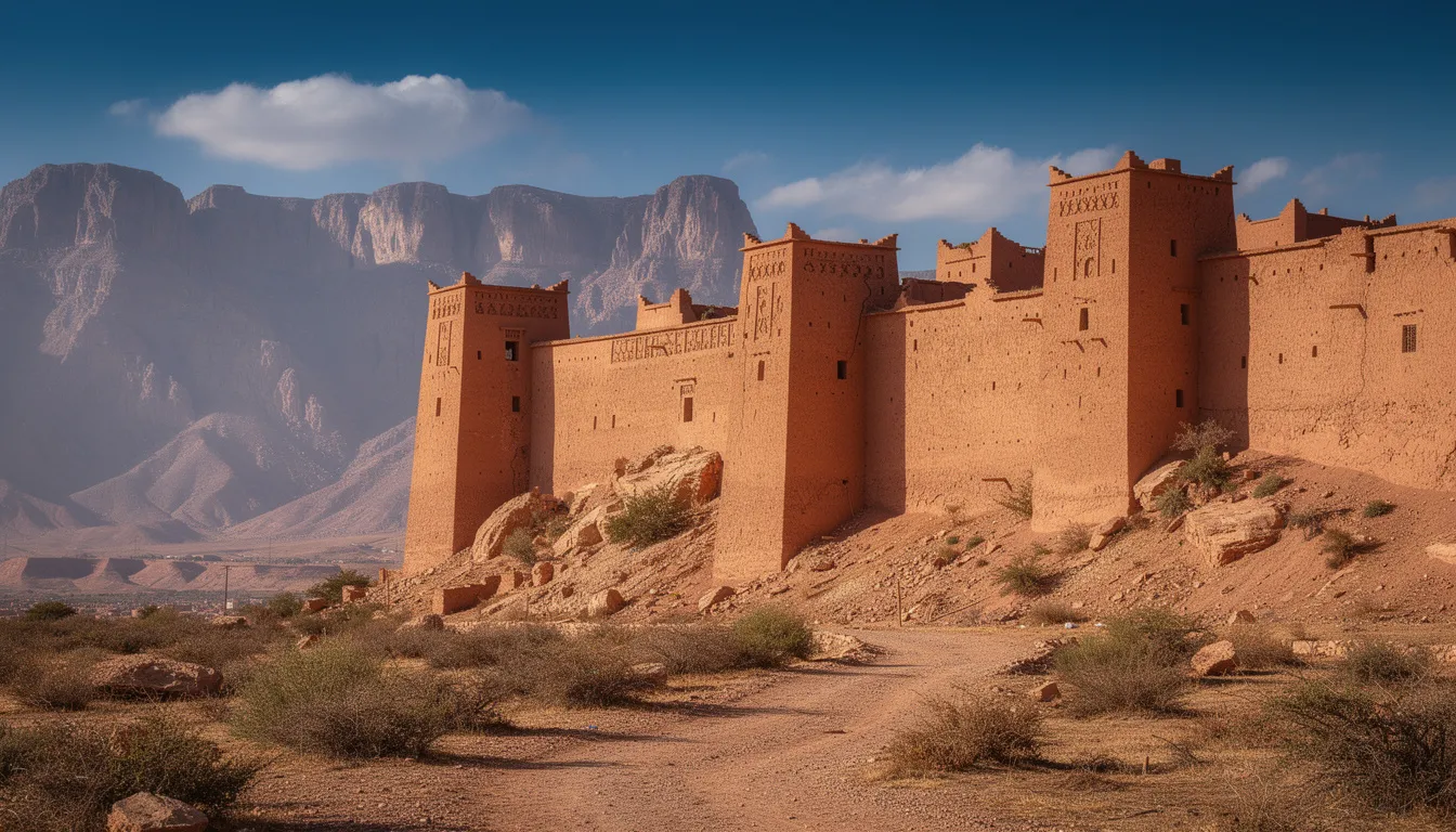 The image depicts an ancient clay kasbah fortress set against the dramatic backdrop of the High Atlas Mountains under a clear blue sky, showcasing the stunning natural beauty of the region. This UNESCO World Heritage site evokes the rich Berber culture and is a highlight for those on a Marrakech to Fes desert tour.