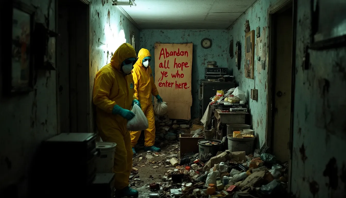 A professional cleaning service team working in a hoarder's house, showcasing their expertise in hazardous waste disposal.