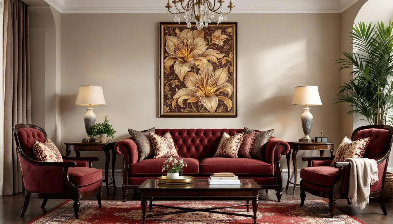 In an elegant living room, a large William Morris Golden Lily print serves as a stunning focal point above a traditional sofa, complemented by carefully chosen furnishings that reflect the iconic designs of the arts and crafts movement. The warm colors and intricate patterns of the wall art enhance the cozy yet sophisticated atmosphere of the space.
