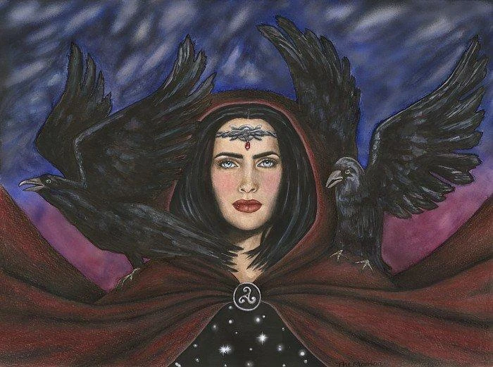 Purple clouds are behind Goddess Morrigan as she is in a red cape with two crows on her shoulder.