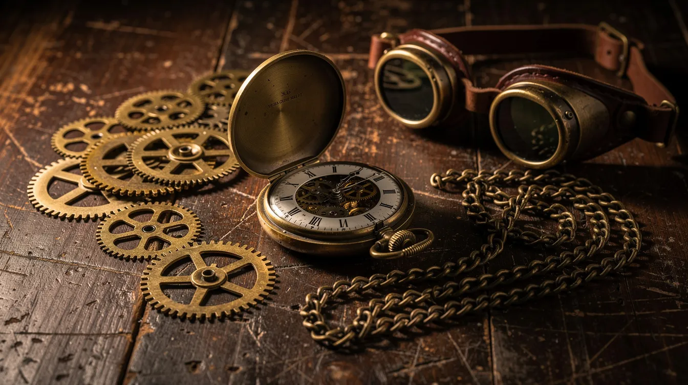 Die Nahaufnahme zeigt eine Sammlung von Steampunk-Accessoires, darunter Zahnräder, eine Taschenuhr, Goggles und Messingketten, die auf einem dunklen Holztisch arrangiert sind. Diese Elemente verkörpern den retro-futuristischen Stil des Steampunk und laden zur Erkundung der faszinierenden Details dieser einzigartigen Mode ein.