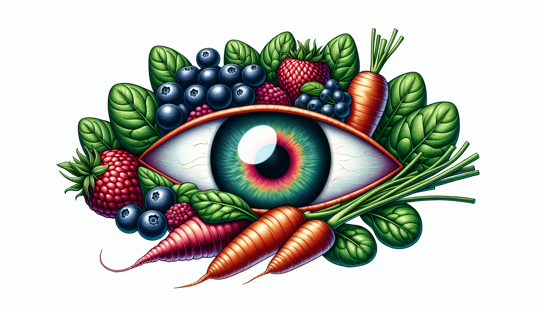 Illustration of antioxidant-rich foods like berries, carrots, and spinach