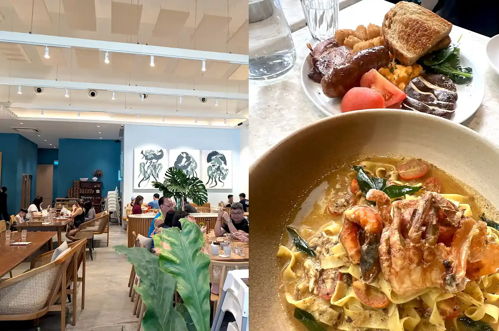 East Coast Commune bright, airy family-friendly cafe interior with pastel blue walls, modern art, and gourmet brunch dishes in Singapore.