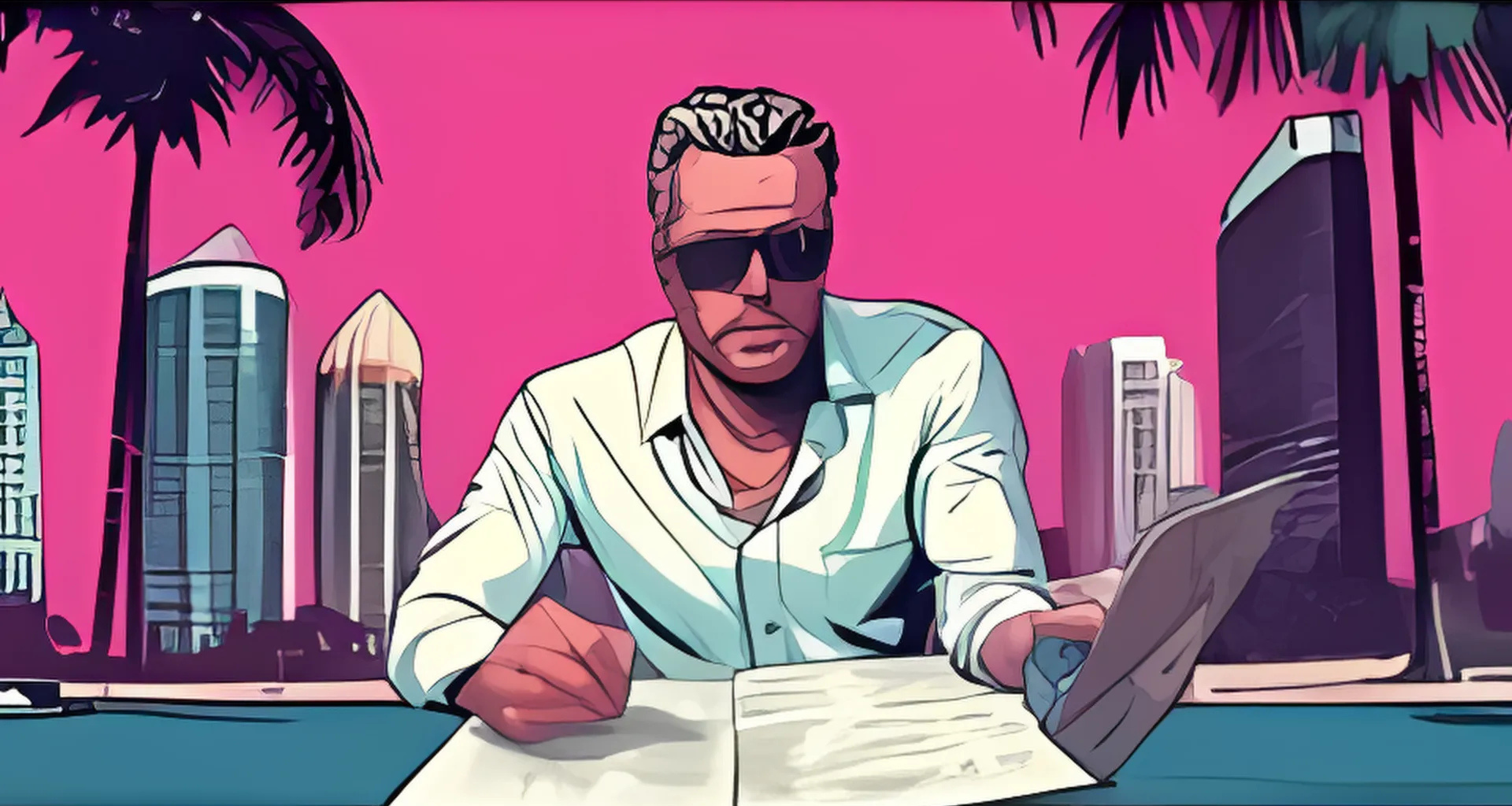 A comic-style illustration of a man in sunglasses and a white shirt working at a desk, set against a pink sky with palm trees and tall buildings.