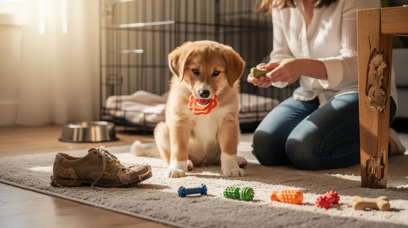 The image depicts a teething puppy with swollen gums, surrounded by various appropriate chew toys designed to soothe sore gums during the teething process. The puppy's tiny baby teeth are visible, illustrating the common challenges pet parents face as their furry friends transition to adult teeth.