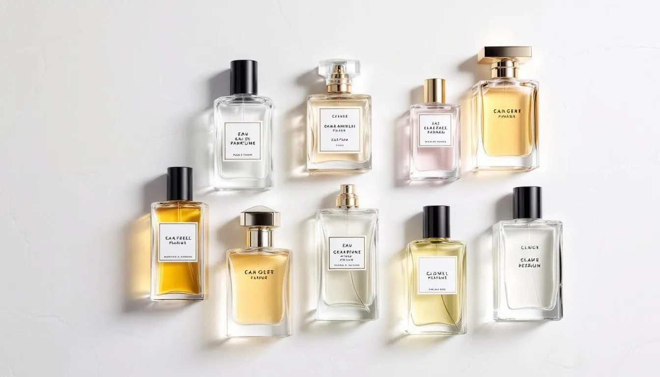 Different types of perfume products including eau de parfum and eau de toilette.