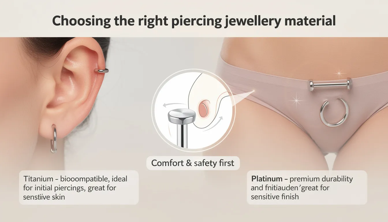 The image showcases a variety of piercing jewellery options, including titanium, platinum, and sterling silver pieces, ideal for both initial and healed piercings. Each item is designed for comfort and style, featuring elegant stud earrings adorned with cubic zirconia stones, highlighting their premium quality and biocompatibility.