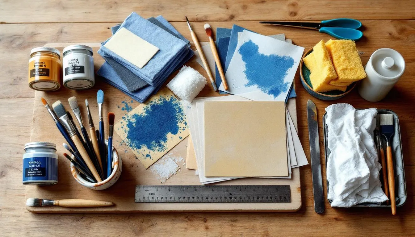 The image shows an organized work table filled with essential painting supplies including primers, brushes, sandpaper, and cleaning materials, all ready for painting laminate cabinets. The layout emphasizes the importance of prep work for achieving a smooth paint finish on cabinet doors.