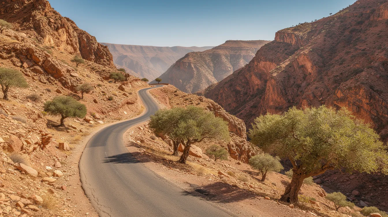 Une route sinueuse serpente à travers des montagnes rocheuses au Maroc, bordée d'arganiers sous un ciel dégagé. Ce paysage pittoresque évoque une aventure en voiture, idéale pour les clients de l'agence de location de voitures souhaitant explorer la beauté naturelle du pays.