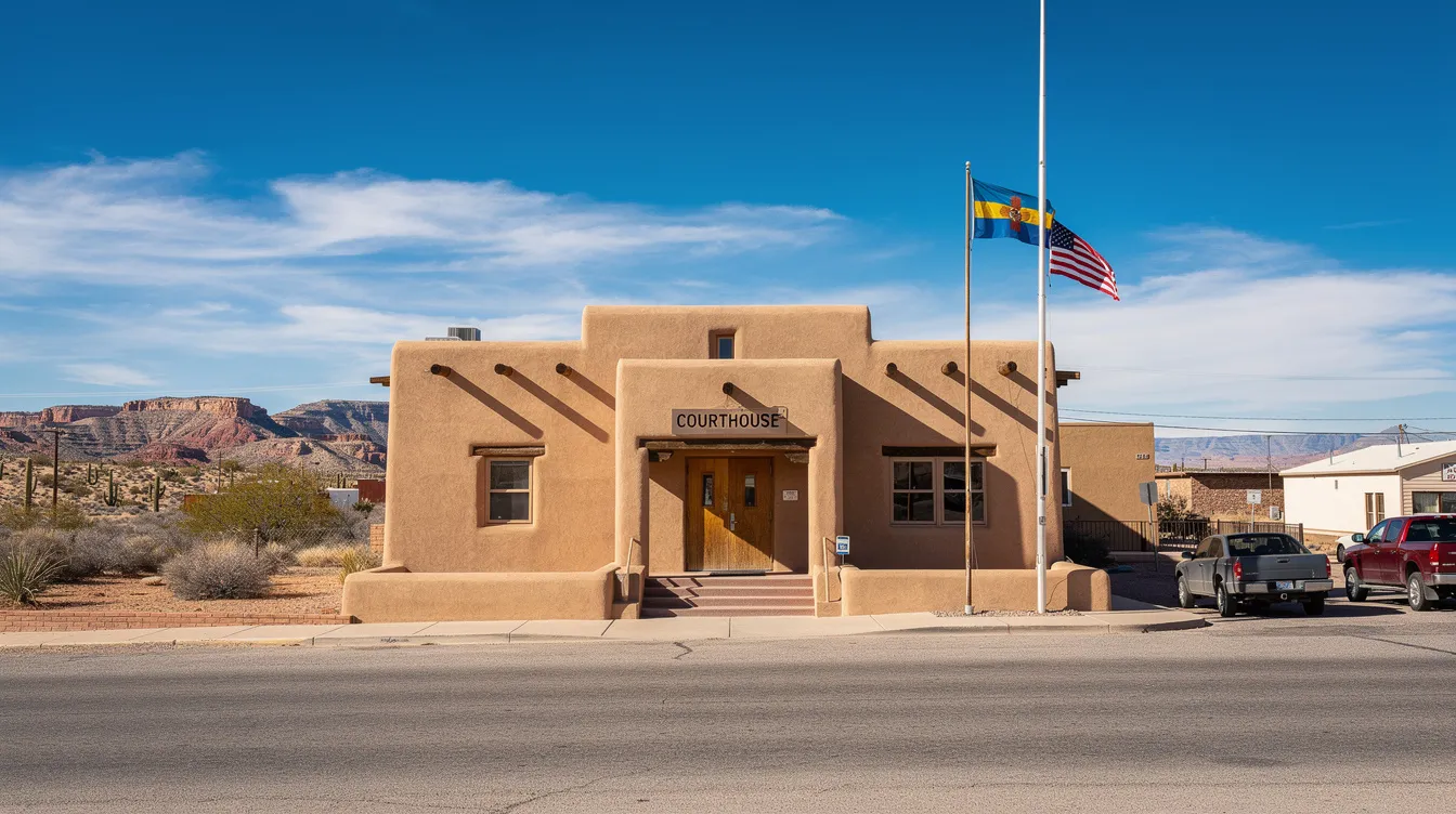 The image depicts a New Mexico courthouse building set against a backdrop of a vast desert landscape, highlighting the unique architectural style typical of the region. This scene may evoke thoughts about legal matters, such as personal injury claims and the importance of understanding New Mexico's statute of limitations for filing a personal injury lawsuit.