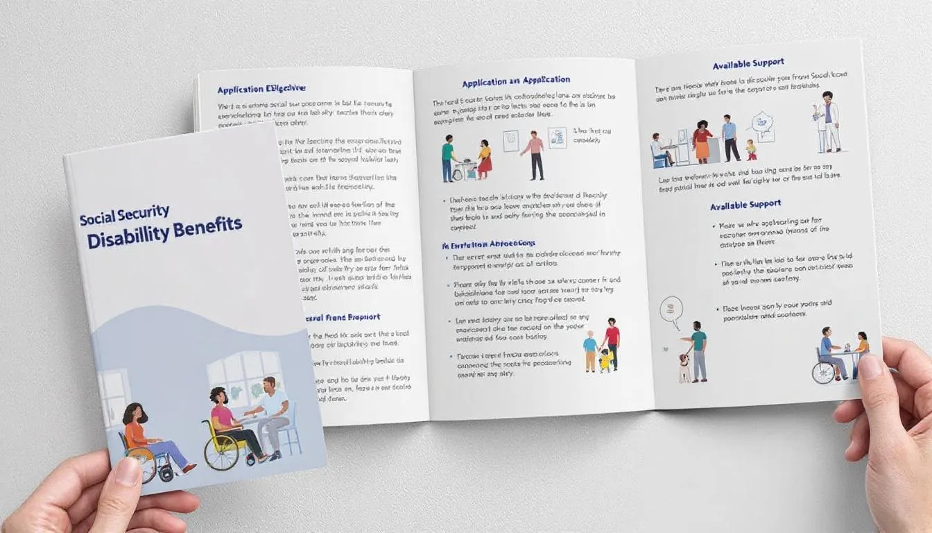 A pamphlet about social security disability benefits features images related to the social security disability process, including icons representing disability claims and financial support. The visuals aim to inform individuals about the types of benefits available, such as social security disability insurance and supplemental security income.