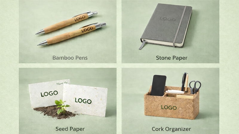 Eco-friendly office supplies including bamboo pens, stone paper notebook, seed paper cards, and a cork desk organizer.